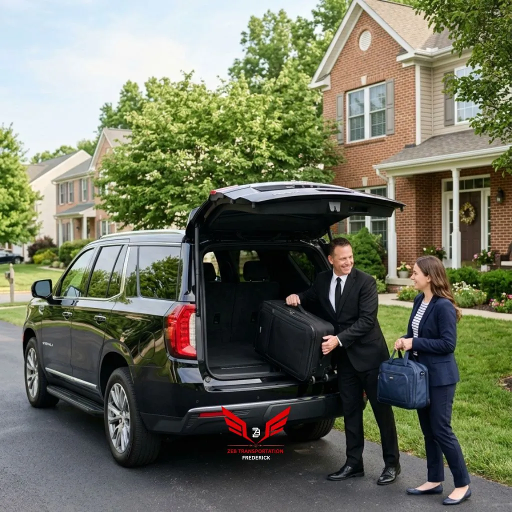 Airport limo service Frederick MD with black GMC Yukon SUV for airport pickup