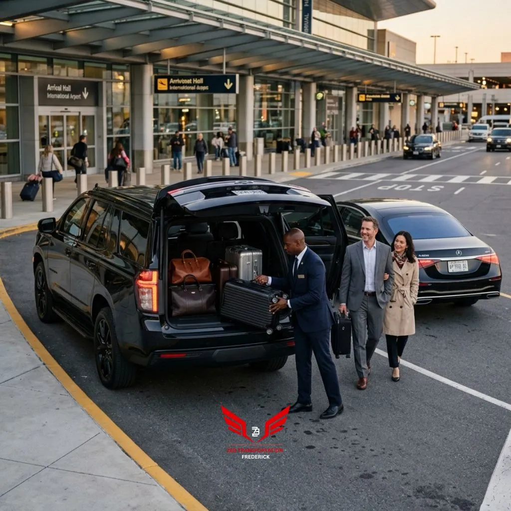 Airport Limousine Service Frederick with black SUV and professional chauffeur