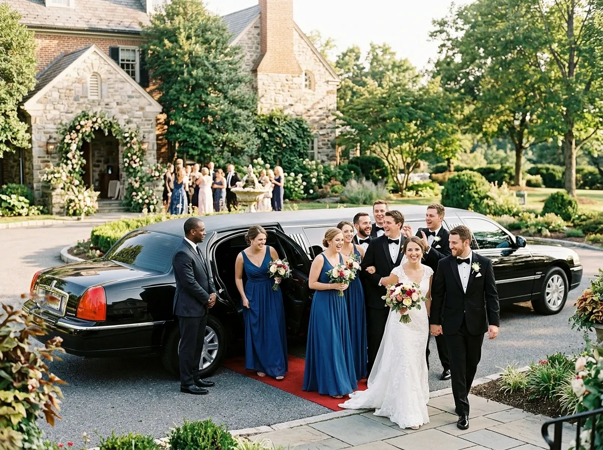 Luxury limousine providing bridal party transportation for bridesmaids, groomsmen, and family members in Frederick MD.