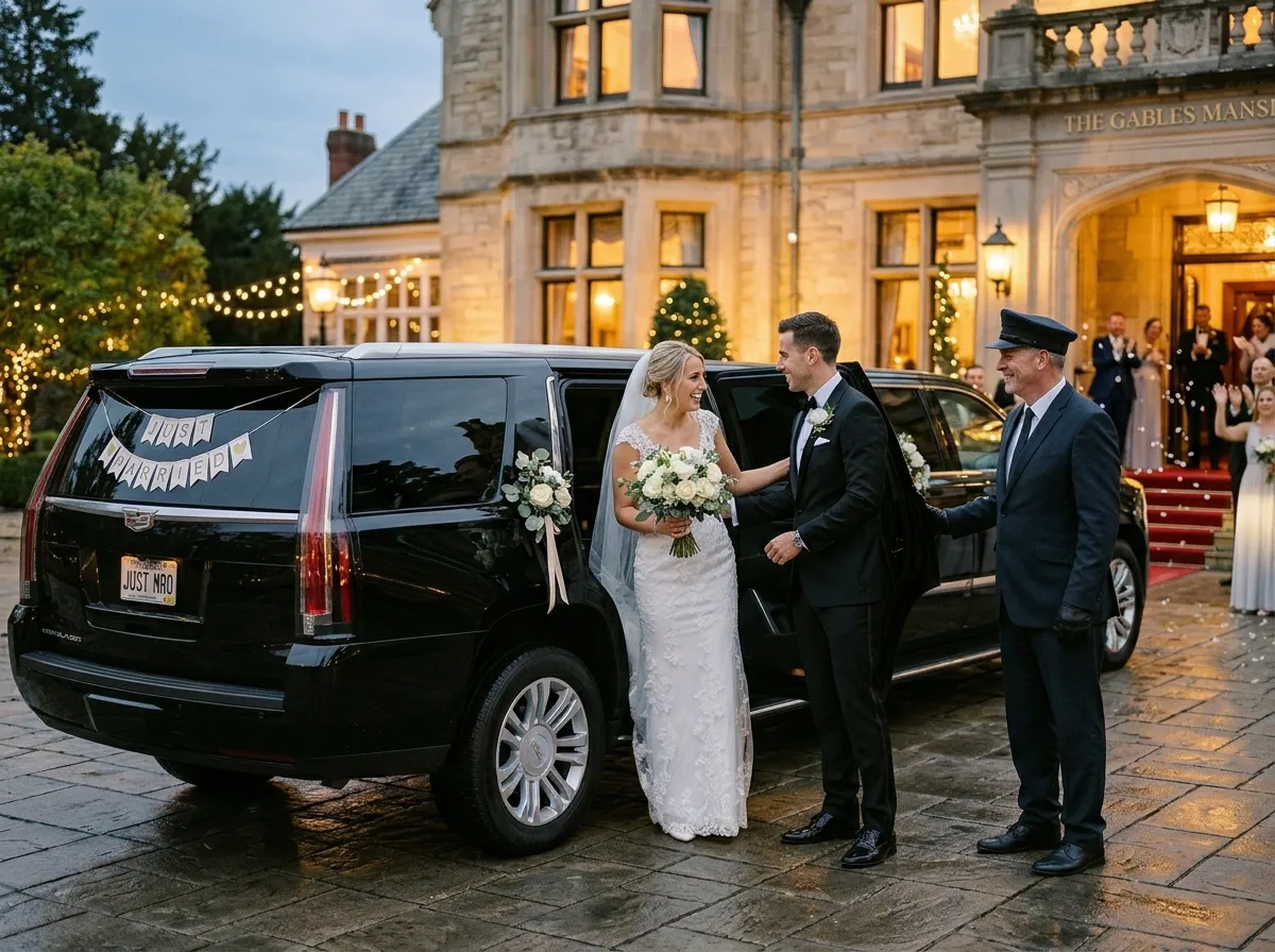 Newly married couple entering a luxury limousine after their wedding reception in Frederick MD.