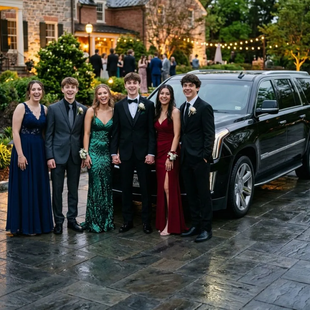 Students arriving at prom in a luxury SUV limo in Frederick, Maryland.