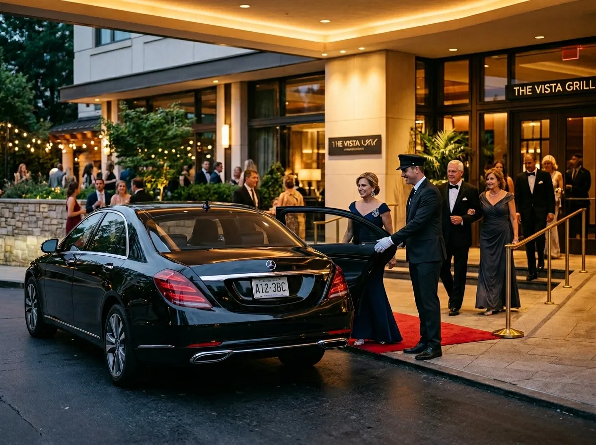 Luxury sedan arriving at a rehearsal dinner venue with wedding guests in Frederick MD.