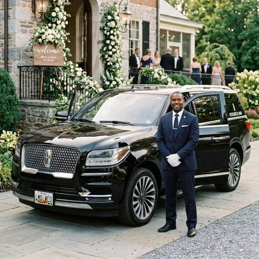 Professional chauffeur beside a luxury wedding limousine offering reliable limo service in Frederick for weddings.