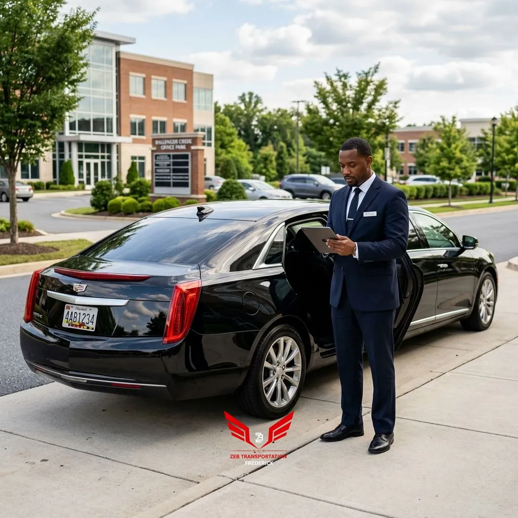 Professional chauffeur with clean luxury limousine for Ballenger limo service in Frederick MD