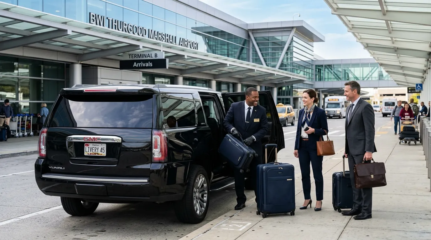 Adamstown Airport Limo Service with GMC SUV and professional chauffeur for reliable airport transportation.