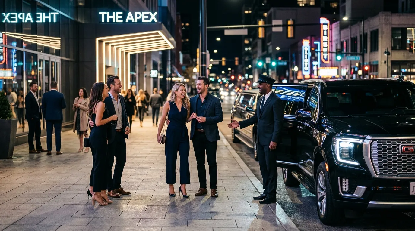 Adult party group boarding a black limousine for bachelor and bachelorette transportation in Ijamsville.