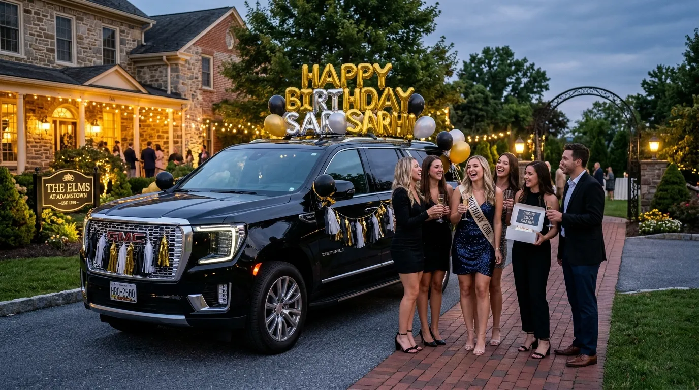 Luxury birthday limo service in Adamstown with GMC SUV and professional chauffeur.