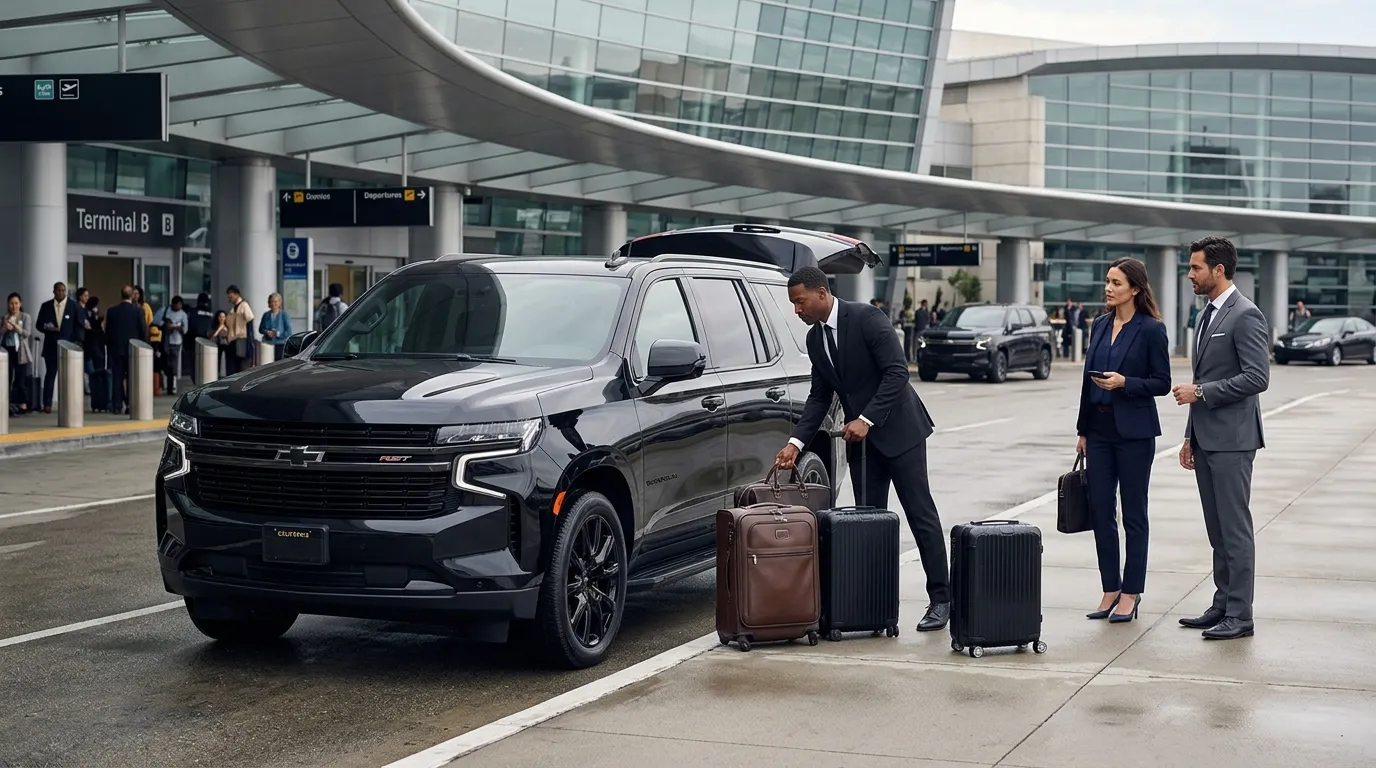 Luxury airport transportation with black Chevrolet Suburban for Brunswick Airport Limo Service