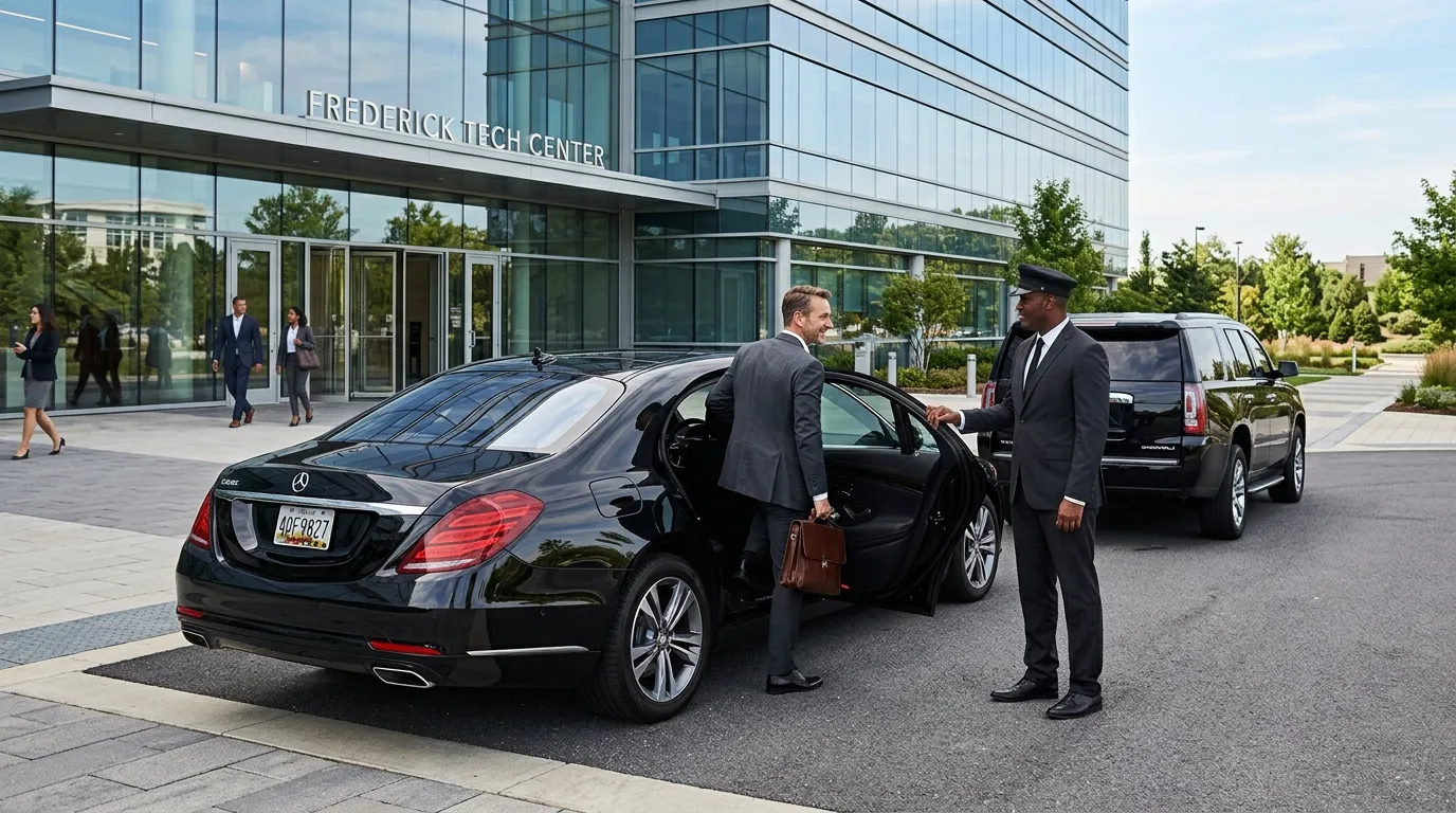 Executive entering a black sedan for professional corporate limo service in Ijamsville.