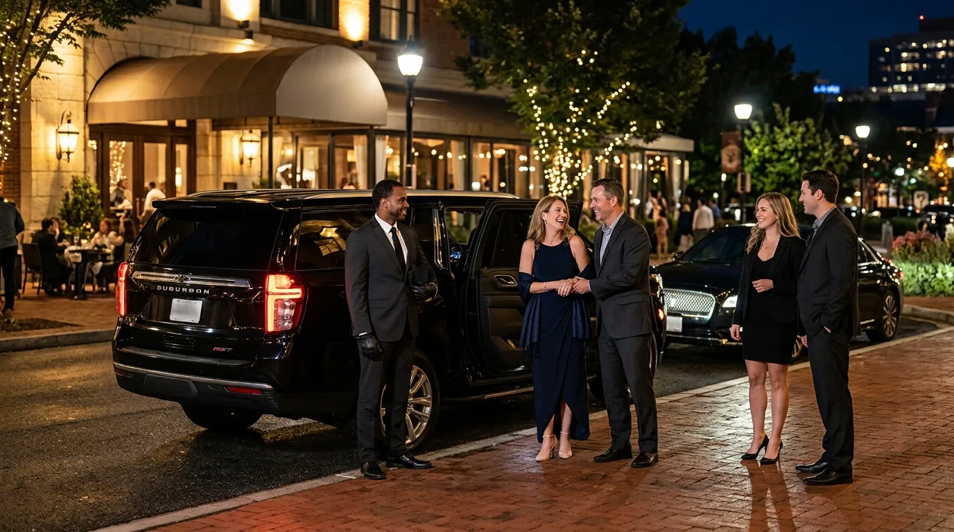 Friends arriving in a black luxury SUV for night out limo service in Ijamsville.