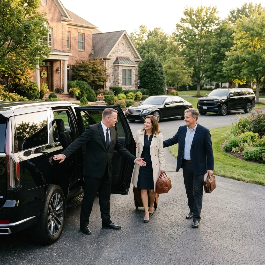 Professional chauffeur welcoming passengers to a black Cadillac Escalade for Ijamsville limousine service.