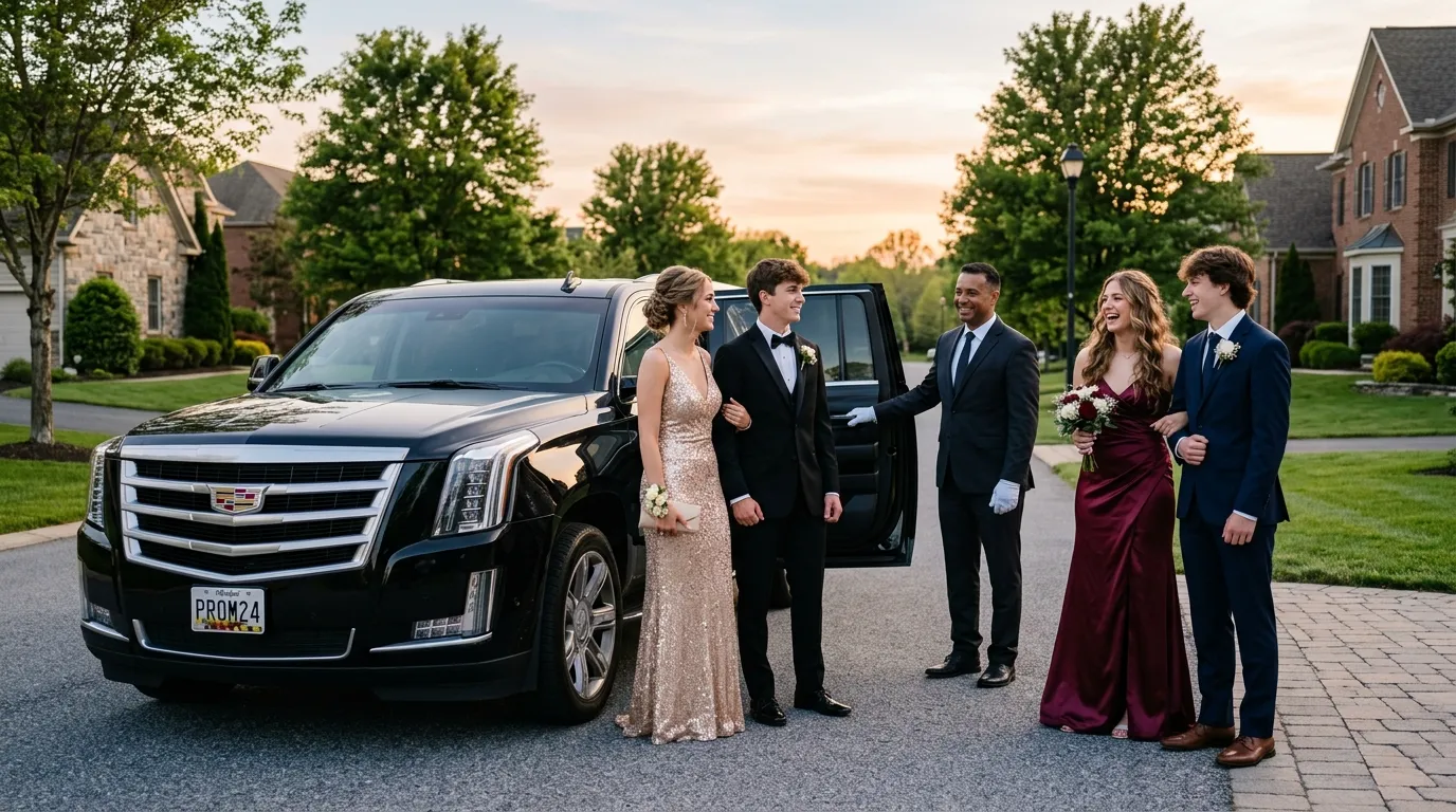 Luxury prom limo service in Adamstown with Cadillac Escalade SUV and professional chauffeur.
