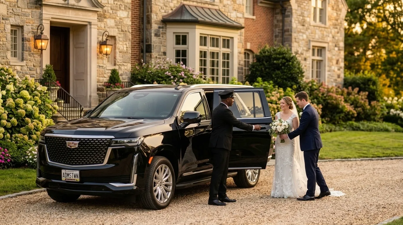Luxury wedding limo service in Adamstown featuring a Cadillac Escalade SUV and professional chauffeur.