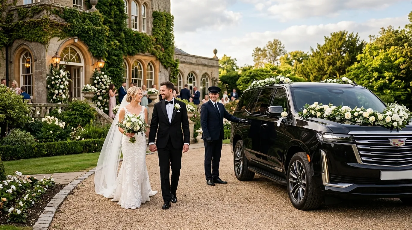 Bride and groom entering a luxury Cadillac Escalade for Wedding Limo Service Brunswick