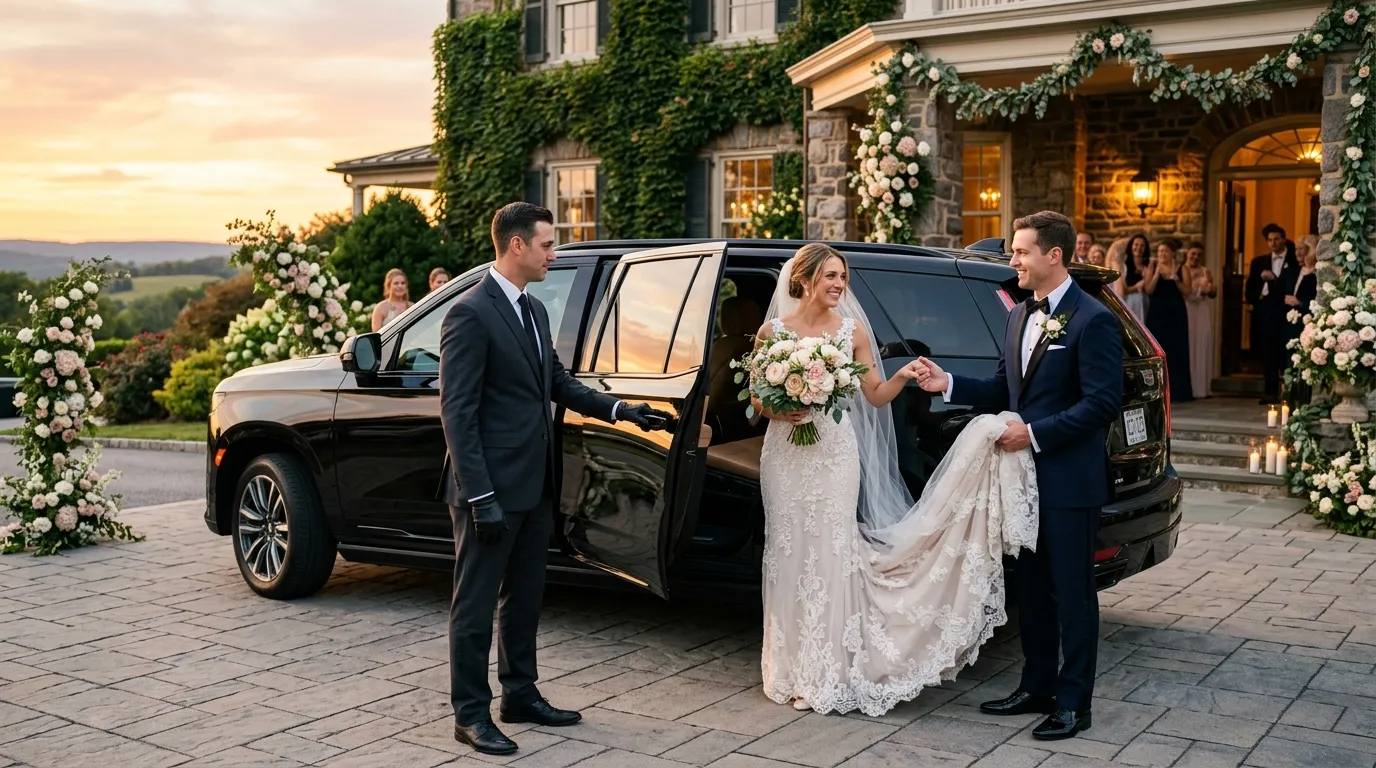Luxury Cadillac Escalade providing Wedding Limo Service Hagerstown for a bride and groom.