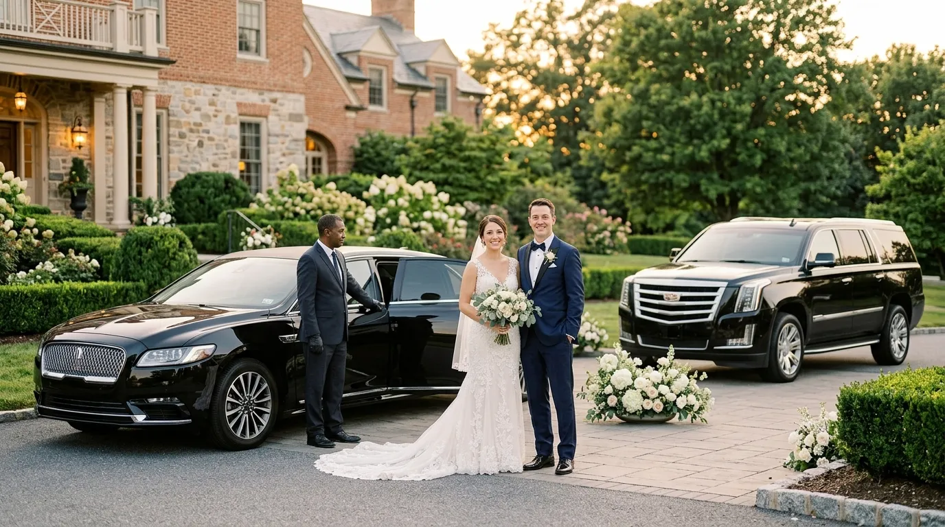 Bride and groom entering a black limousine for wedding limo service in Ijamsville.