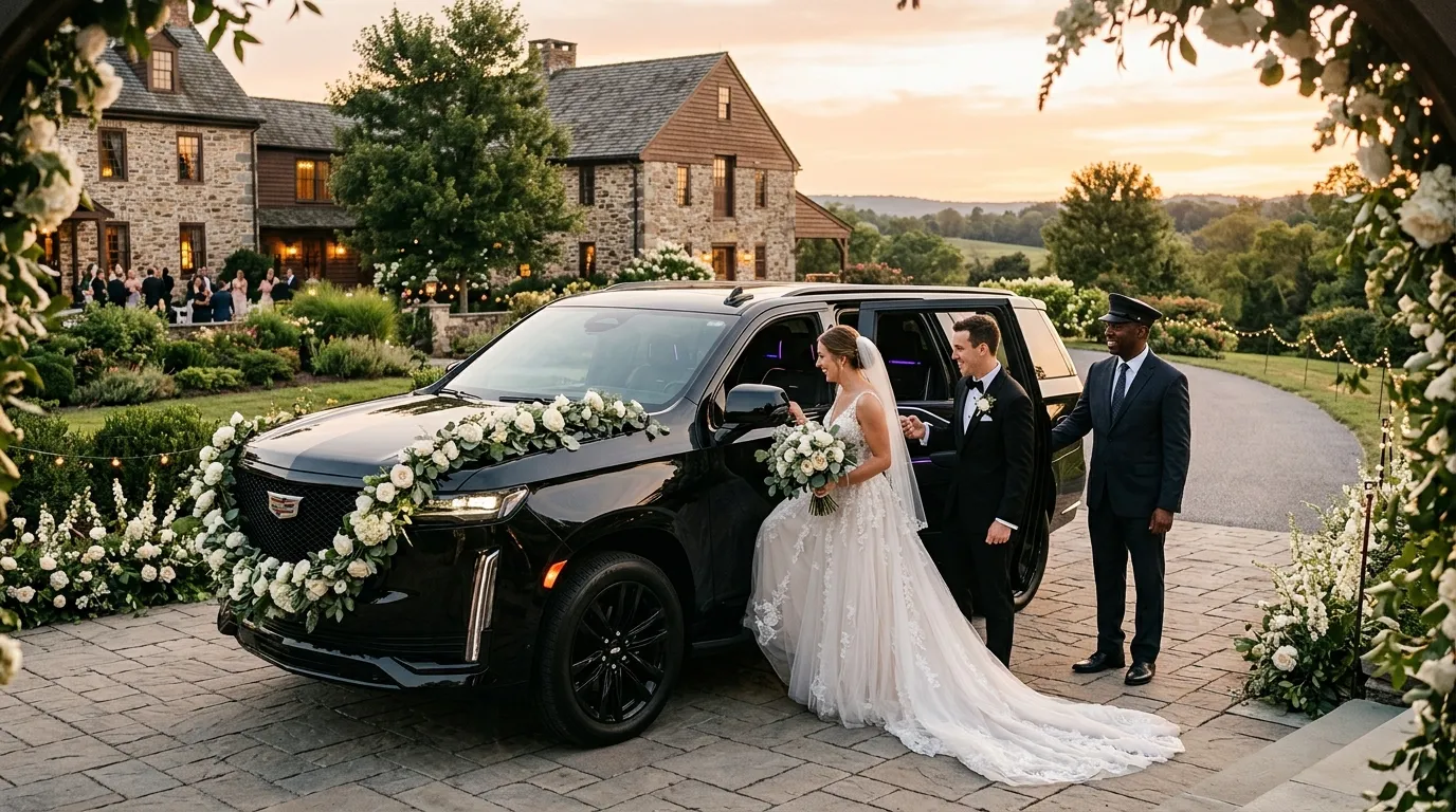 Luxury Cadillac Escalade providing Wedding Limo Service Jefferson for a bride and groom.