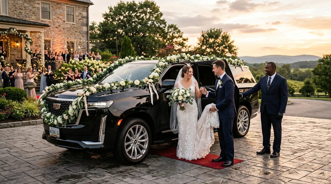 Luxury SUV providing Wedding Limo Service Thurmont for a bride and groom.