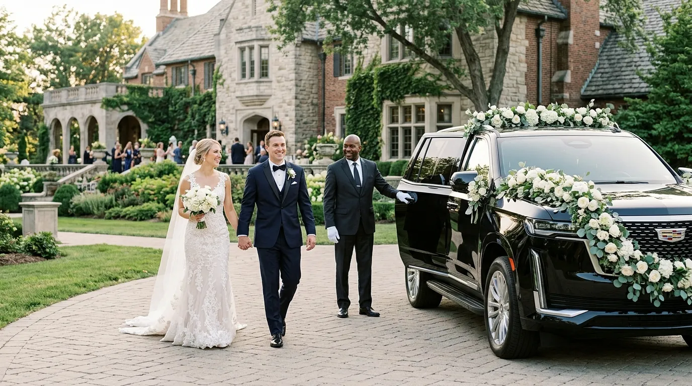 Bride and groom entering a luxury Cadillac Escalade for Wedding Limo Service Urbana
