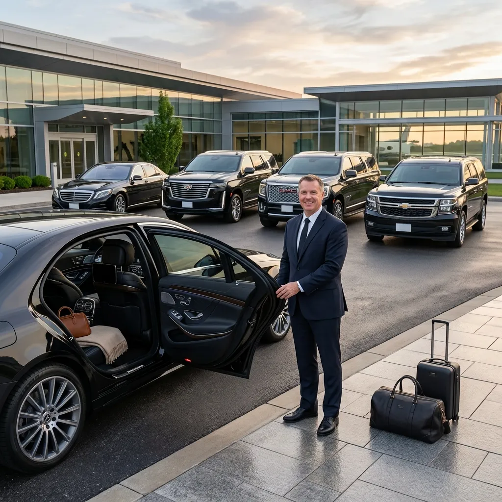 Professional chauffeur beside ZEB Transportation’s clean black sedan and SUV fleet in Ijamsville.