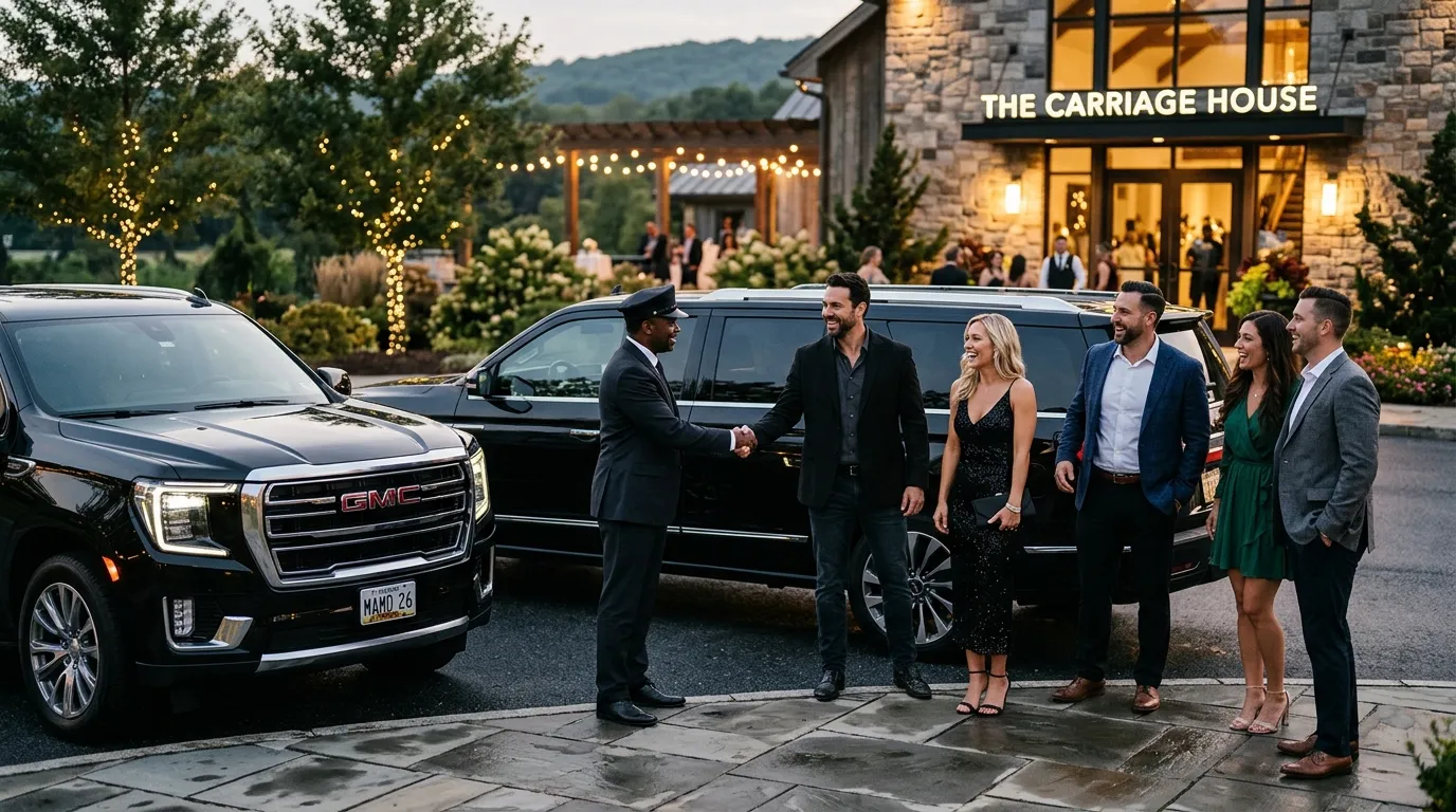 Adult party group boarding a black limousine for bachelor and bachelorette transportation in Mount Airy.