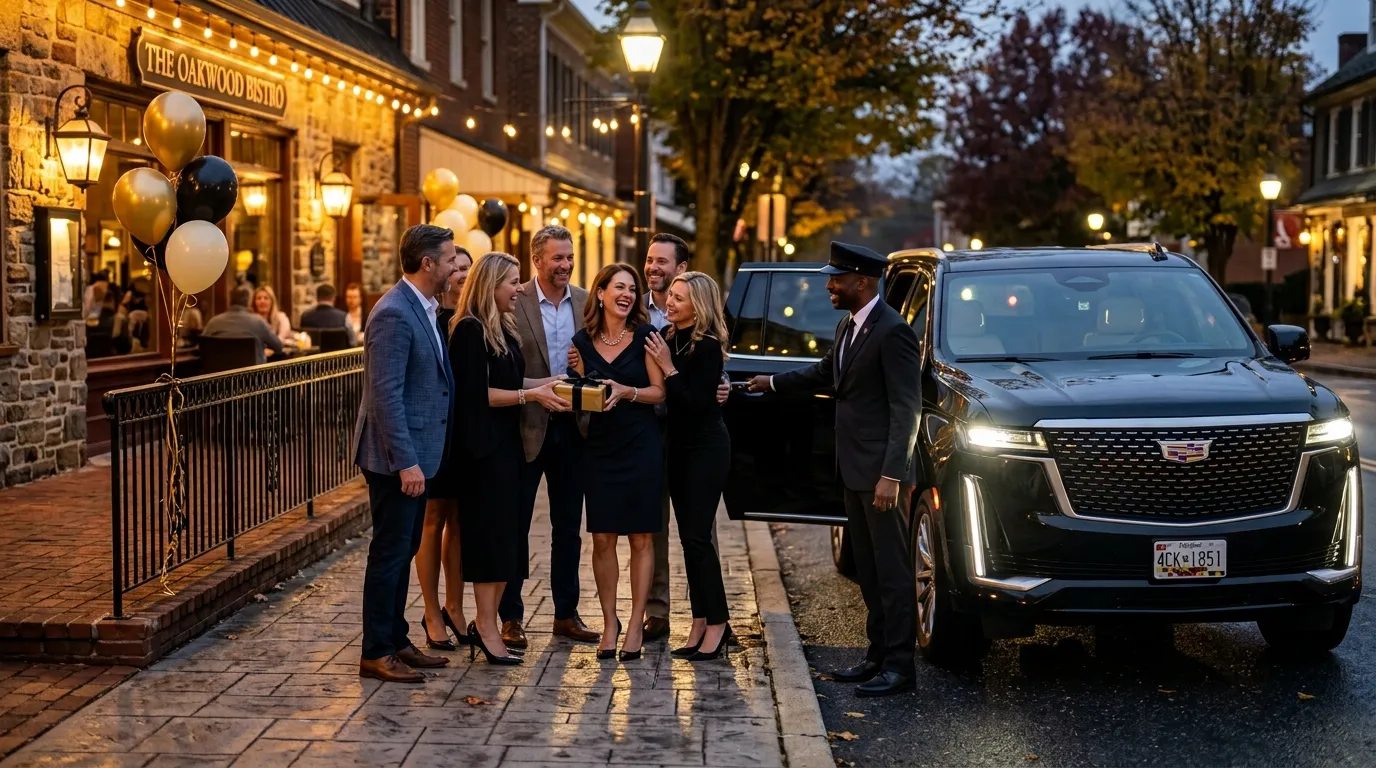 Birthday group boarding a black Cadillac Escalade for limo service in Mount Airy.