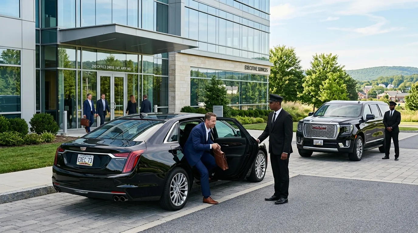 Business executive entering a black sedan for corporate limo service in Mount Airy.