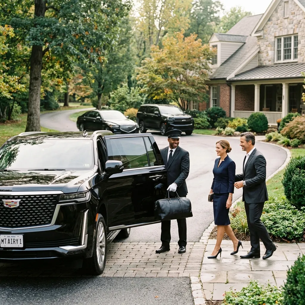 Professional chauffeur welcoming passengers to a black Cadillac Escalade for Mount Airy limousine service.
