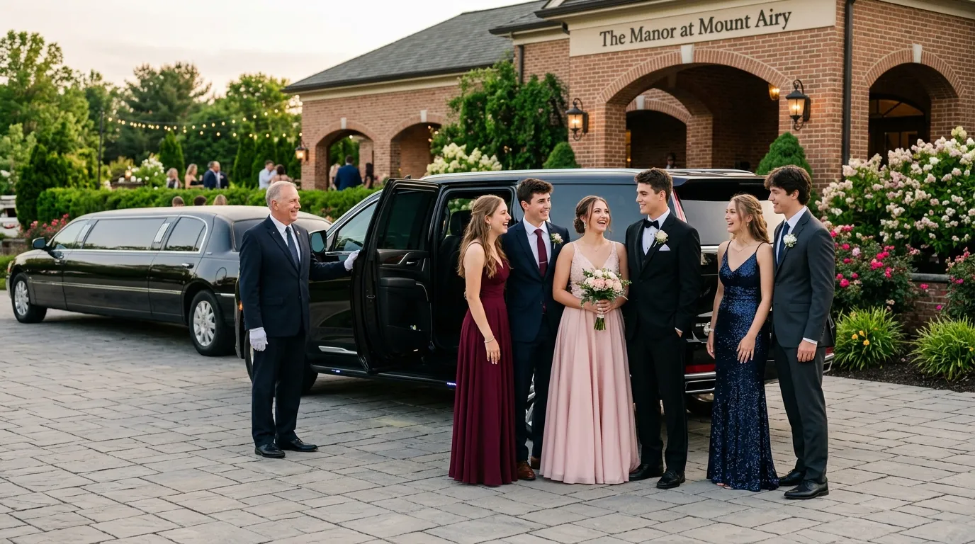 Prom attendees boarding a black limousine for professional prom limo service in Mount Airy.