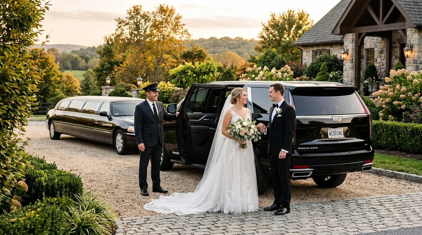 Bride and groom entering a black limousine for wedding limo service in Mount Airy, Maryland.
