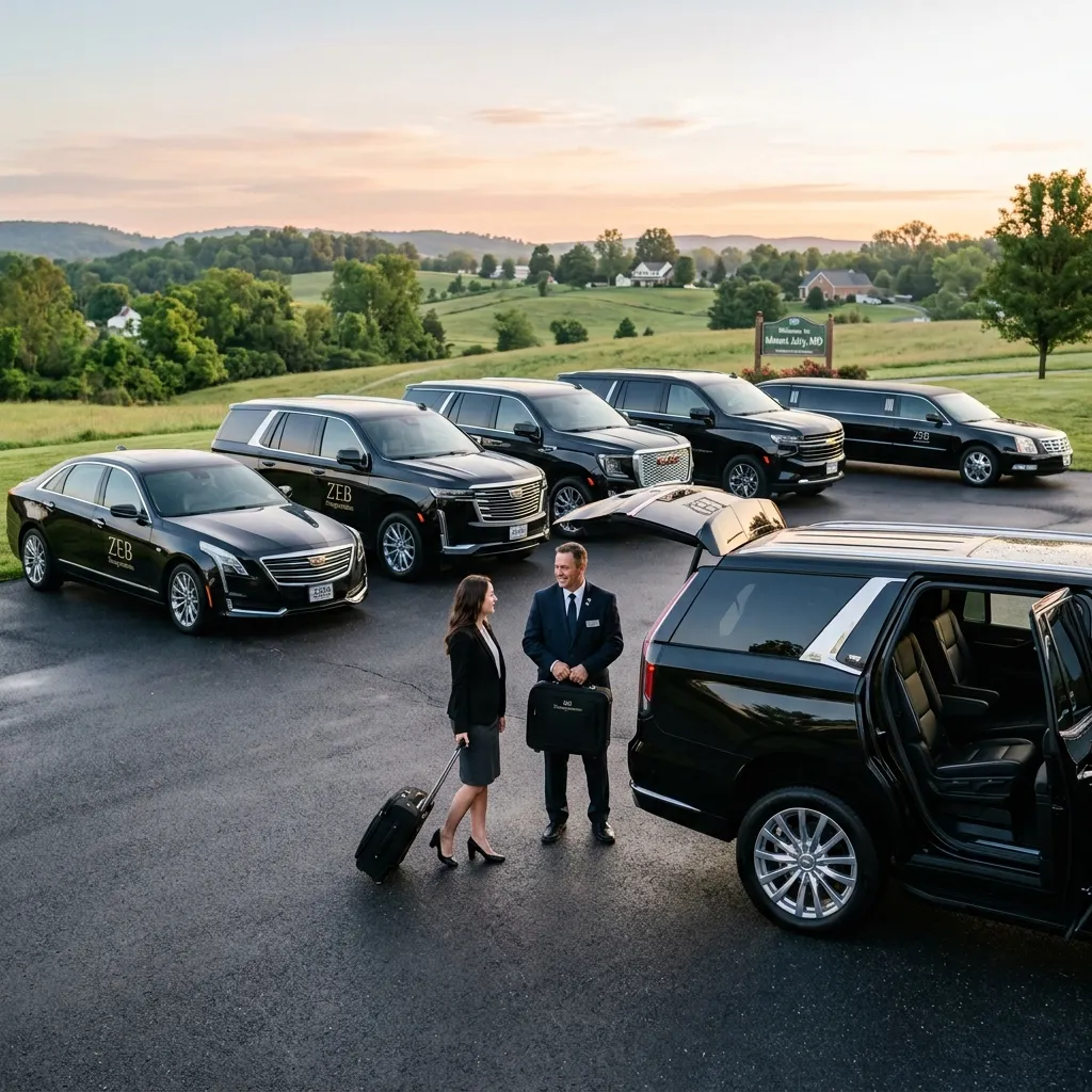 Professional chauffeur beside the ZEB Transportation black luxury fleet in Mount Airy.