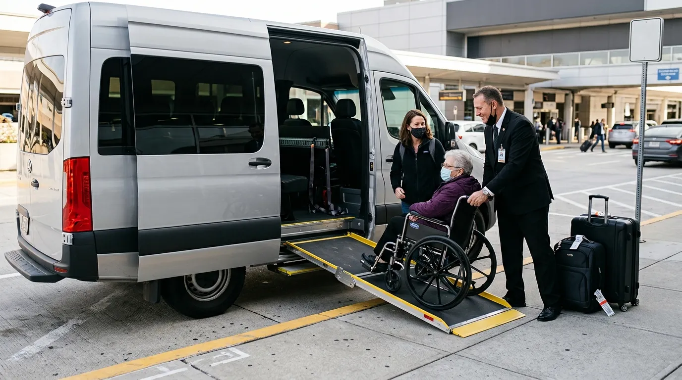 Professional chauffeur assisting a wheelchair passenger with accessible transportation at BWI Airport.