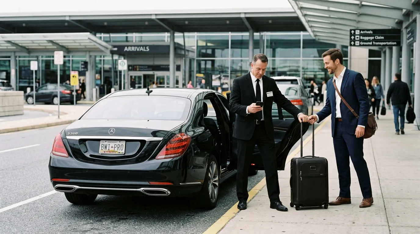 Executive sedan and chauffeur providing private BWI Airport car service for a business traveler.