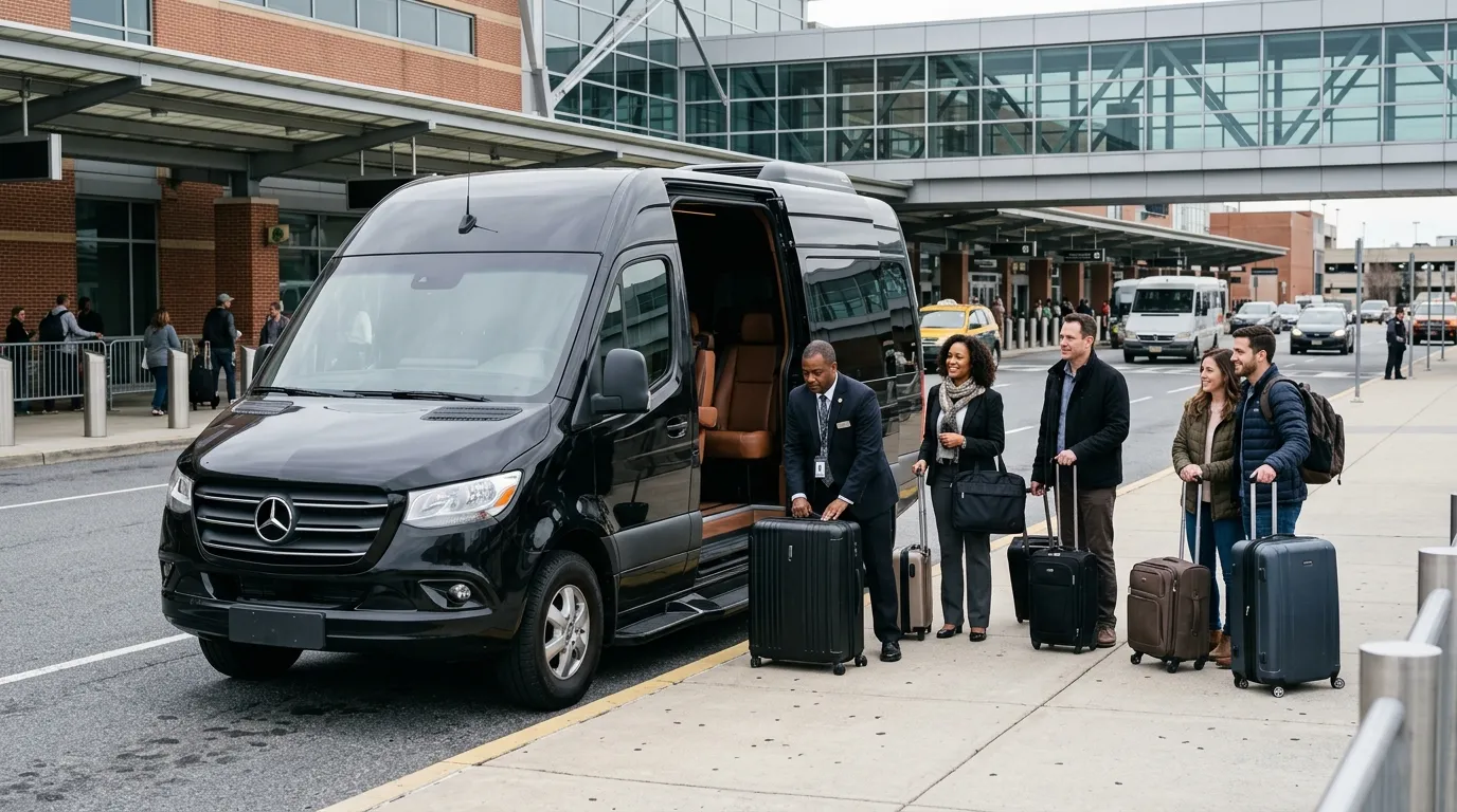 Mercedes style Sprinter van providing group transportation and luggage space at BWI Airport.