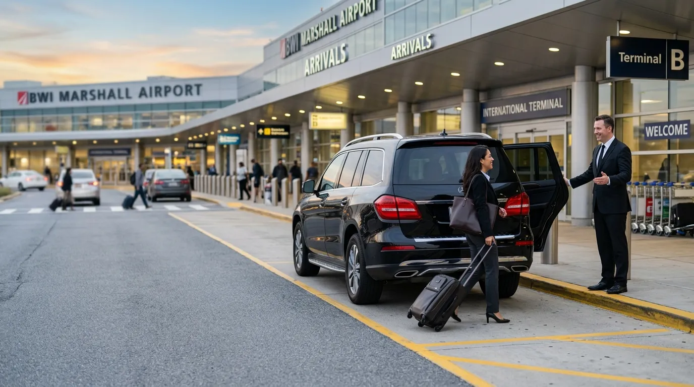 Professional chauffeur providing BWI Airport limo service beside a luxury SUV at the airport terminal.