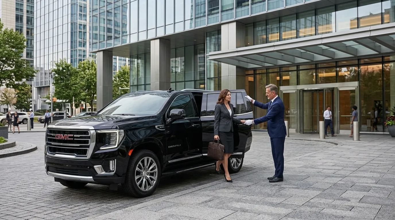 Business executives using Corporate Limo Service Walkersville in a luxury GMC Yukon
