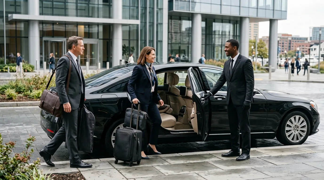Business travelers using professional corporate transportation to BWI Airport in an executive sedan.