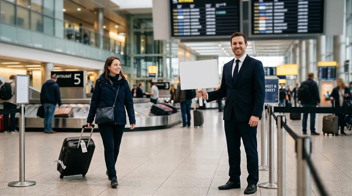 Professional chauffeur meeting an international traveler near baggage claim at BWI Airport.