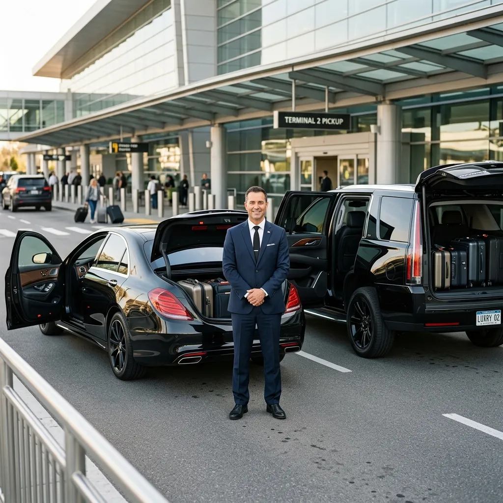 Professional chauffeur beside luxury sedan and SUV for Dulles Airport transportation