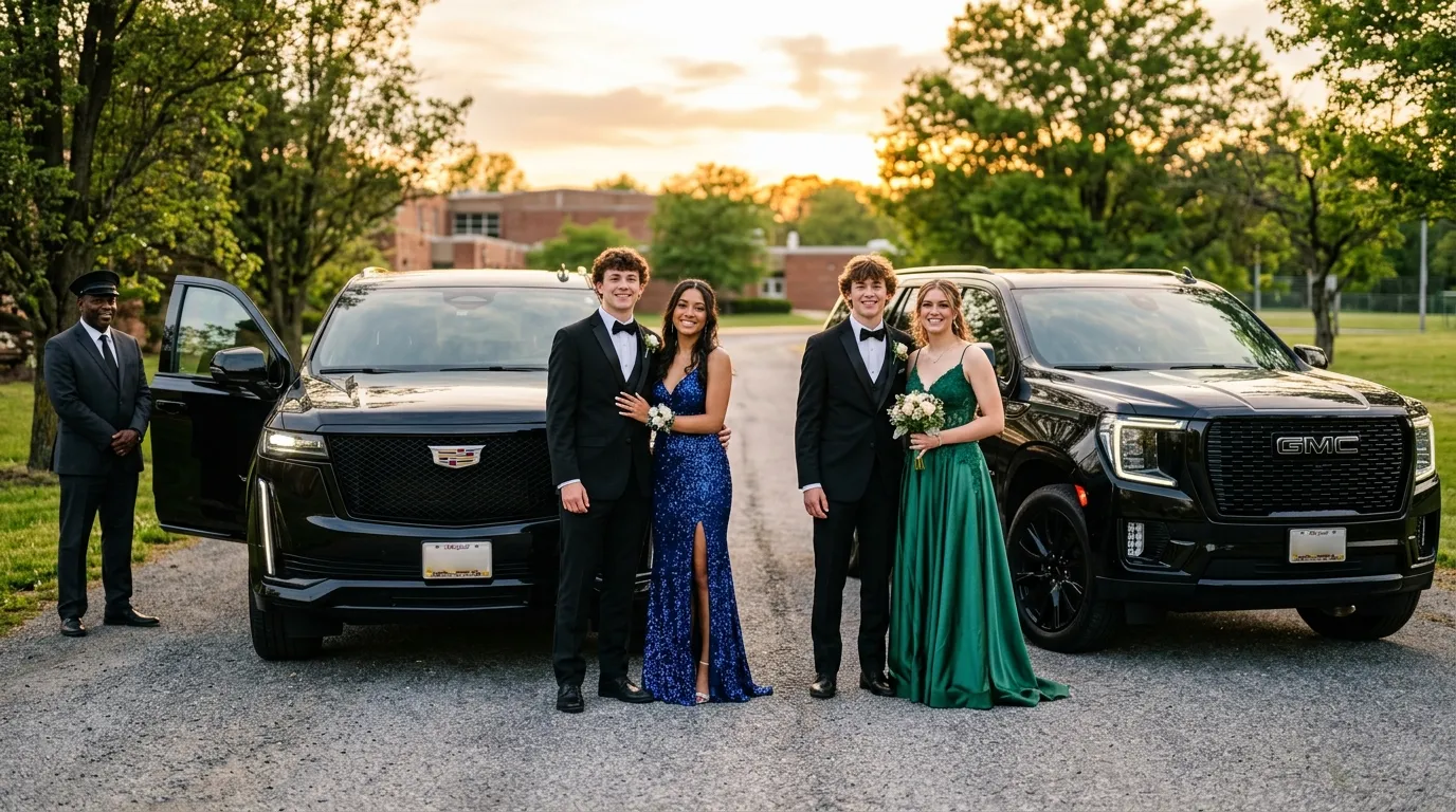 Students arriving in a luxury Cadillac Escalade for Prom Limo Service Walkersville