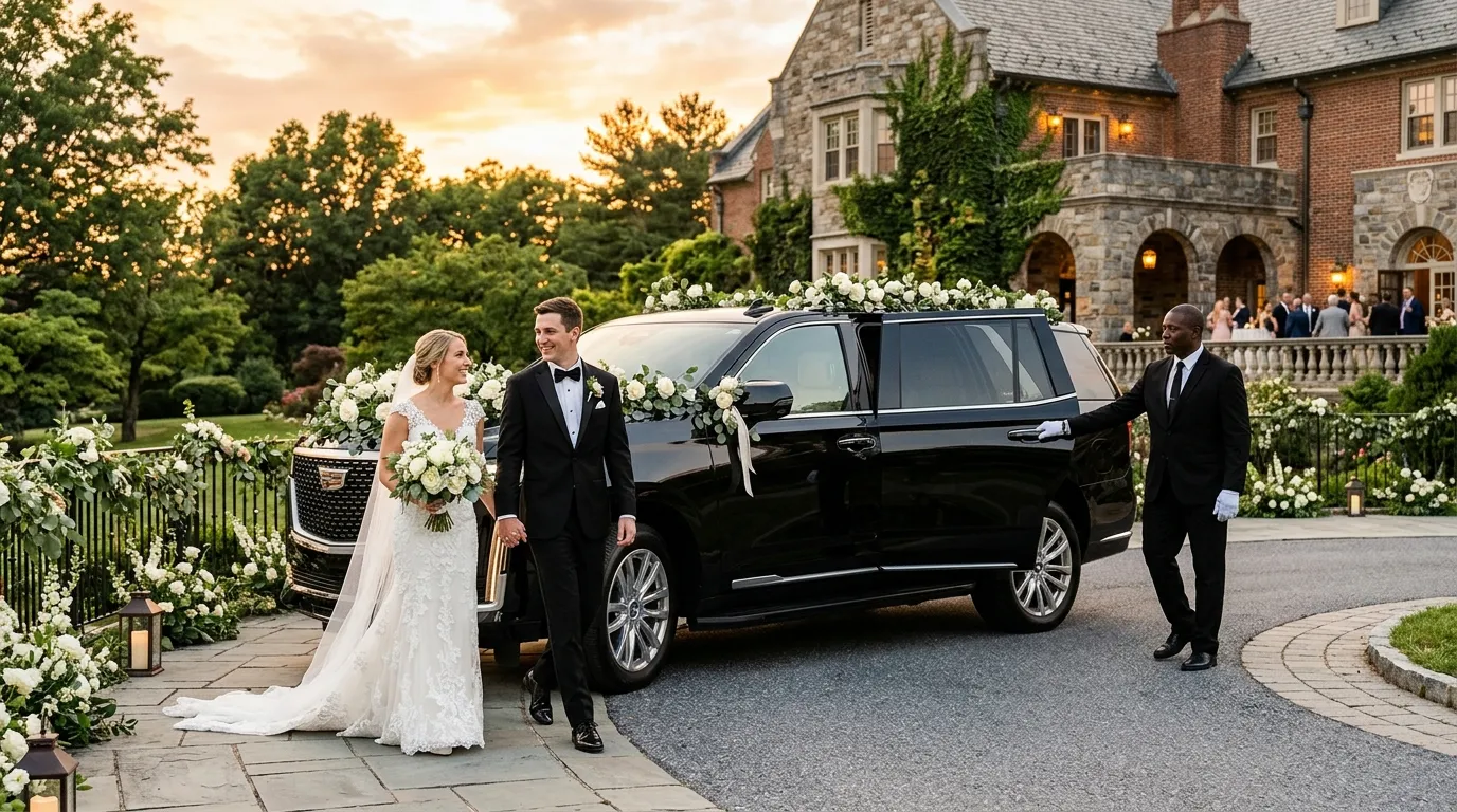 Bride and groom arriving in a luxury Cadillac Escalade for Wedding Limo Service Walkersville