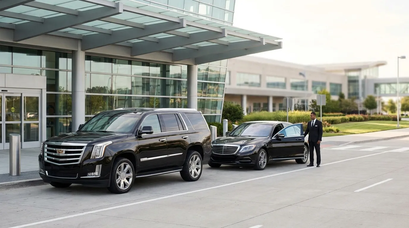 Luxury SUV and sedan for Frederick airport transportation service near airport terminal