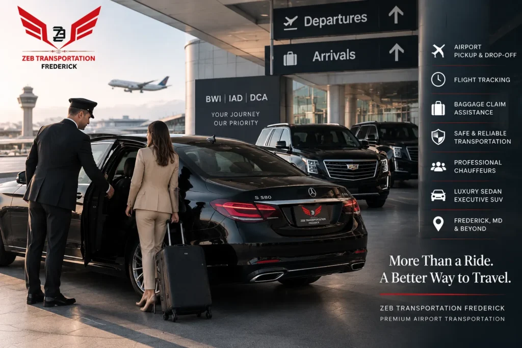 Professional chauffeur providing private airport car service in Frederick MD with luxury Mercedes sedan and Cadillac SUV for airport pickup, baggage assistance, and reliable transportation to BWI, IAD, and DCA airports