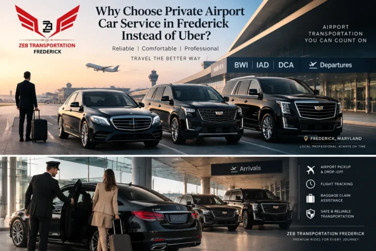 Luxury airport transportation service in Frederick MD featuring Mercedes sedan and Cadillac Escalade SUV at the airport for private car service, chauffeur pickup, and reliable travel to BWI, IAD, and DCA airports