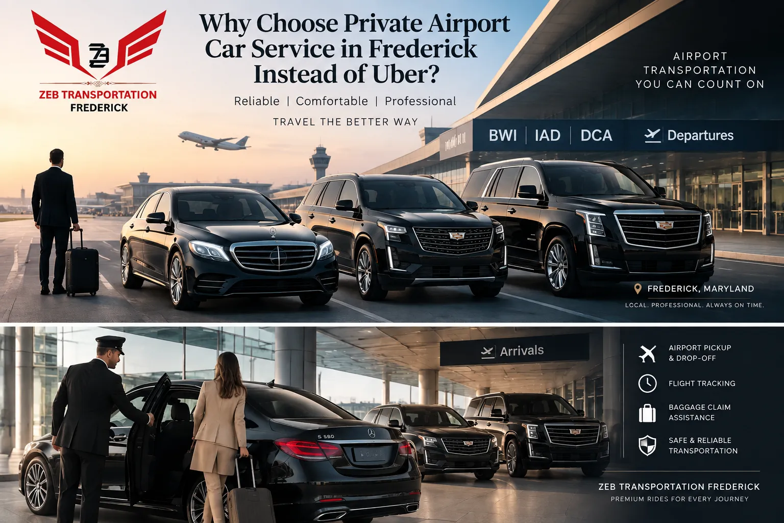 Luxury airport transportation service in Frederick MD featuring Mercedes sedan and Cadillac Escalade SUV at the airport for private car service, chauffeur pickup, and reliable travel to BWI, IAD, and DCA airports