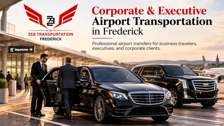 Corporate and executive airport transportation in Frederick, MD with a luxury black sedan, SUV, professional chauffeur, and business traveler at the airport.