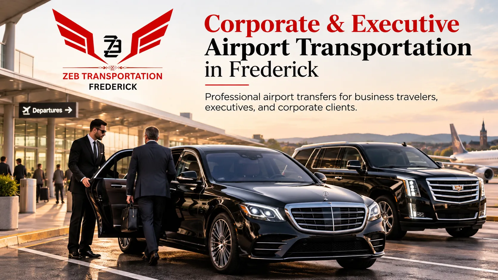 Corporate and executive airport transportation in Frederick, MD with a luxury black sedan, SUV, professional chauffeur, and business traveler at the airport.
