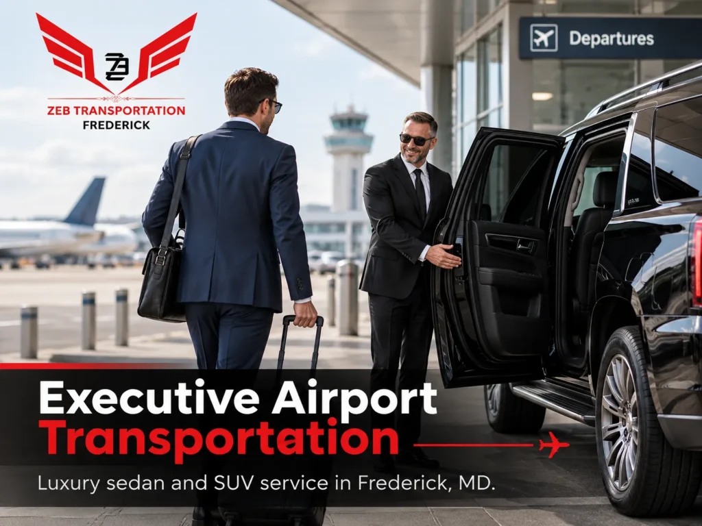 Executive airport transportation service in Frederick, MD with a professional chauffeur assisting a business traveler into a luxury black SUV at the airport.