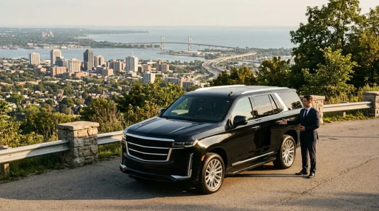 Black luxury SUV overlooking Hamilton Ontario skyline and waterfront, representing private ground transportation for USA travelers.